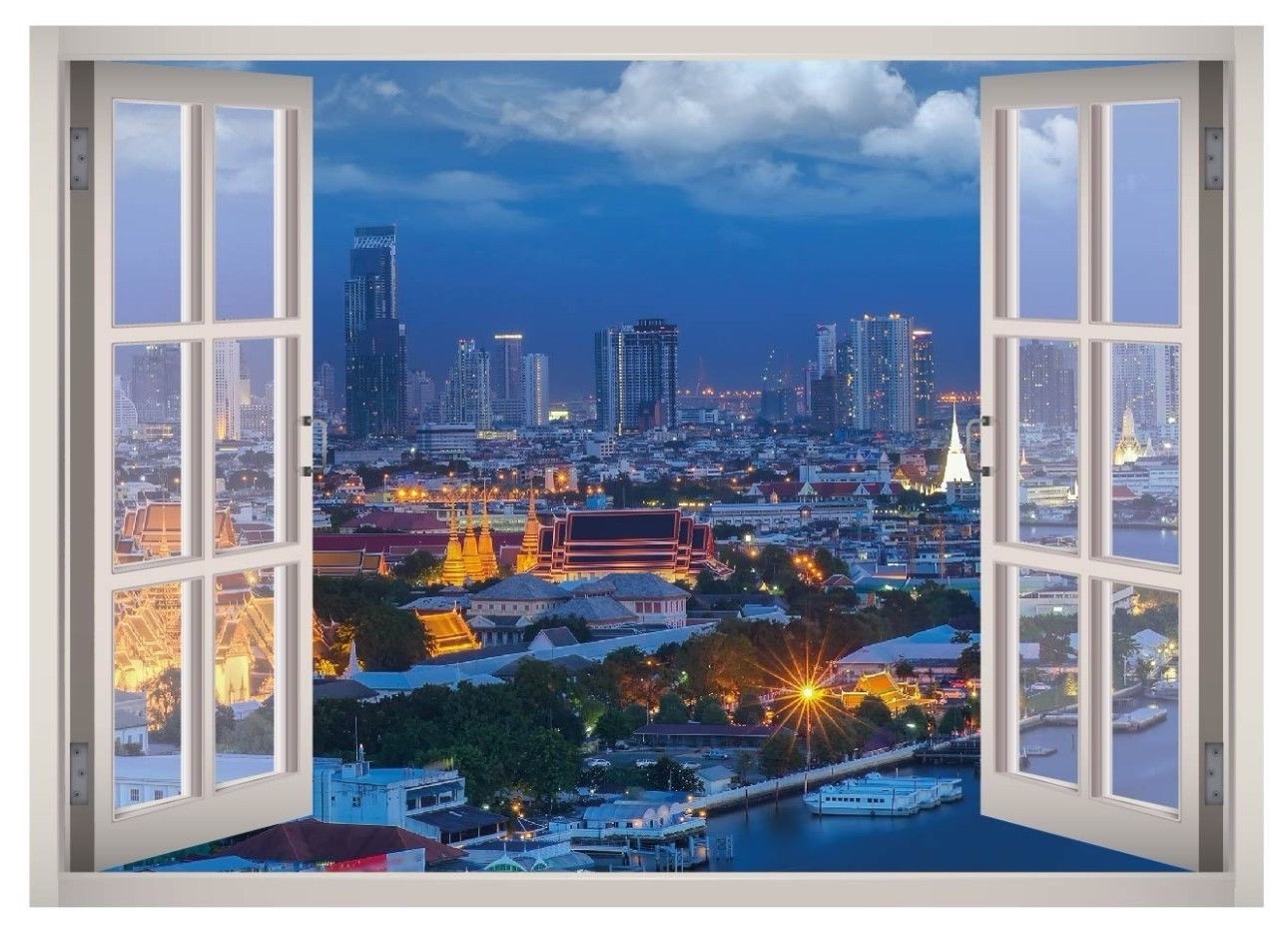 London City Night Window 3D Wall Decal Art Mural Home Decor Canvas Vinyl W66