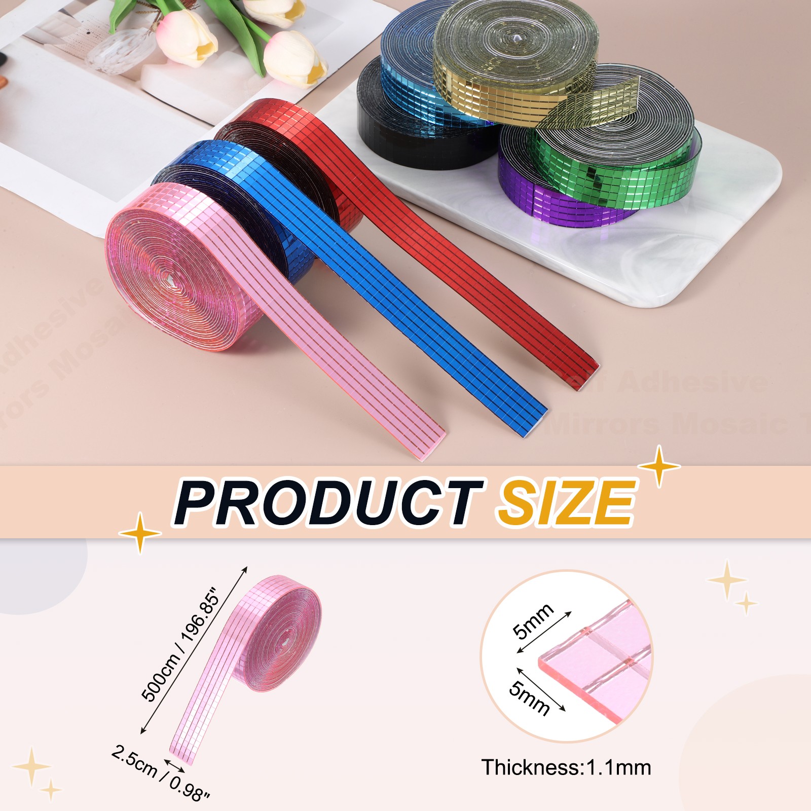 5x5mm Self Adhesive Mirrors Mosaic Tiles, 5000 Pcs Mosaic Sticker, Pink
