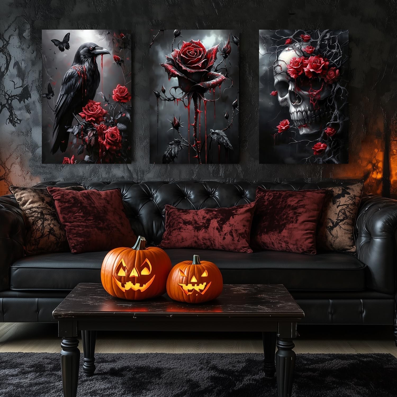 Horror Gothic Canvas Wall Art, Romance Raven Rose Halloween Wall Decor, Blood…