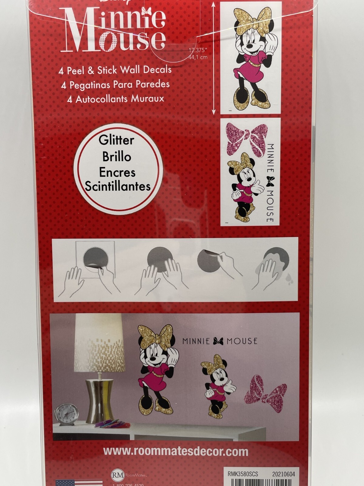 2-Pack RoomMates Disney Minnie Mouse 4 Piece Peel Stick Glitter Wall Decals