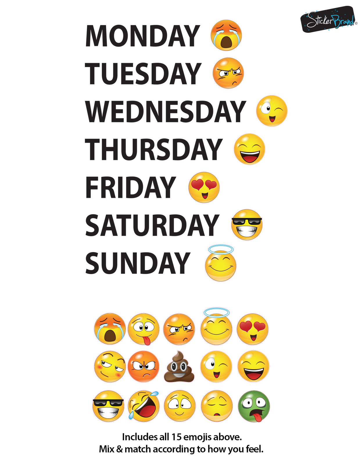 Days of the Week Emoticon Calendar Wall Decal Sticker #6071 Monday thru Sunday