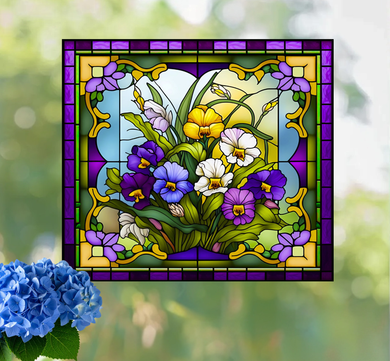Pansies Faux Stained-Glass WINDOW CLING Size 9" Vinyl