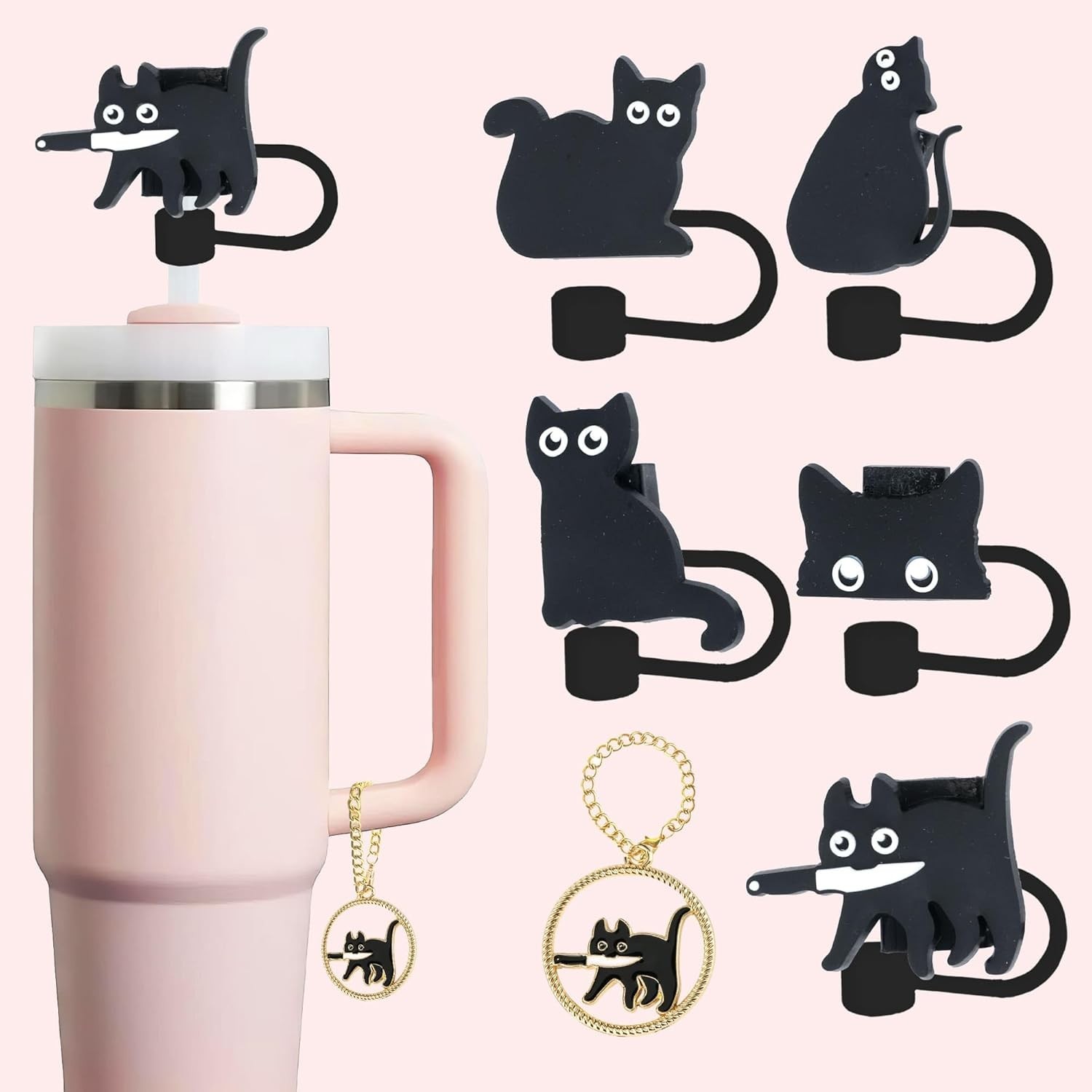 Black Cat Straw Topper, 10mm (0.4in) Cute Cat Straw Covers for Stanley Cup Ac…