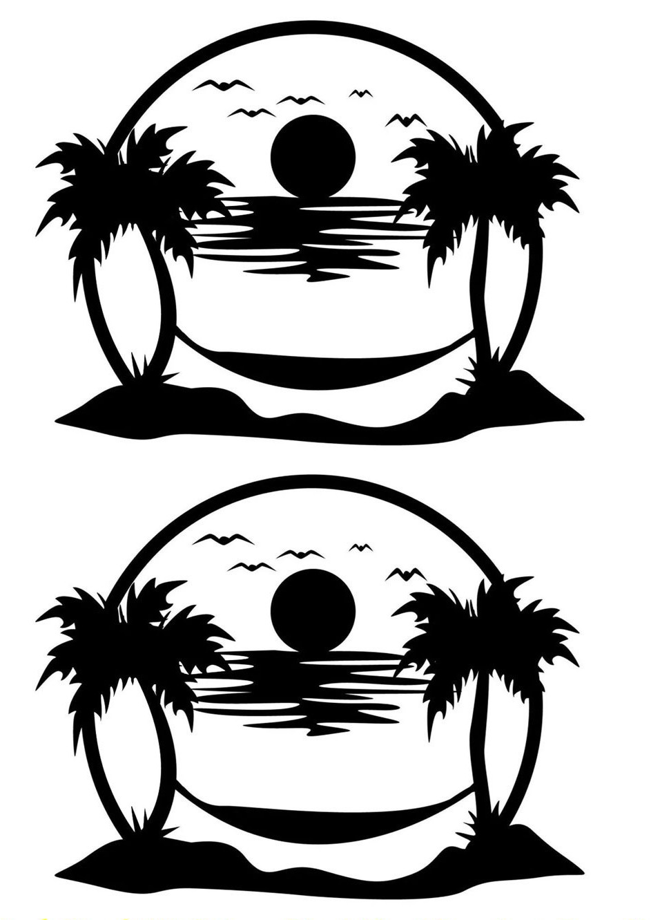 Sunset Beach Scene Palm Trees Hammock Birds Two Pack 6" White Vinyl Decals