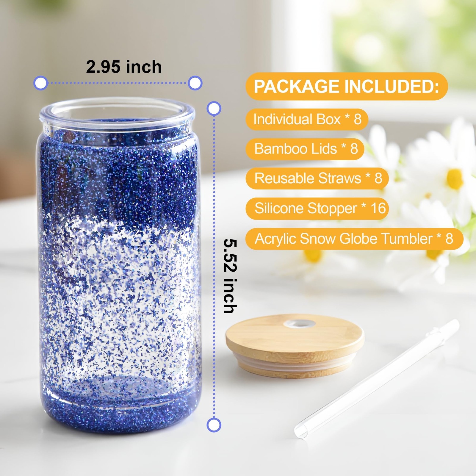 8 Pack Acrylic Snow Globe Tumbler with Bamboo Lids and Straws 16 oz Plastic S…