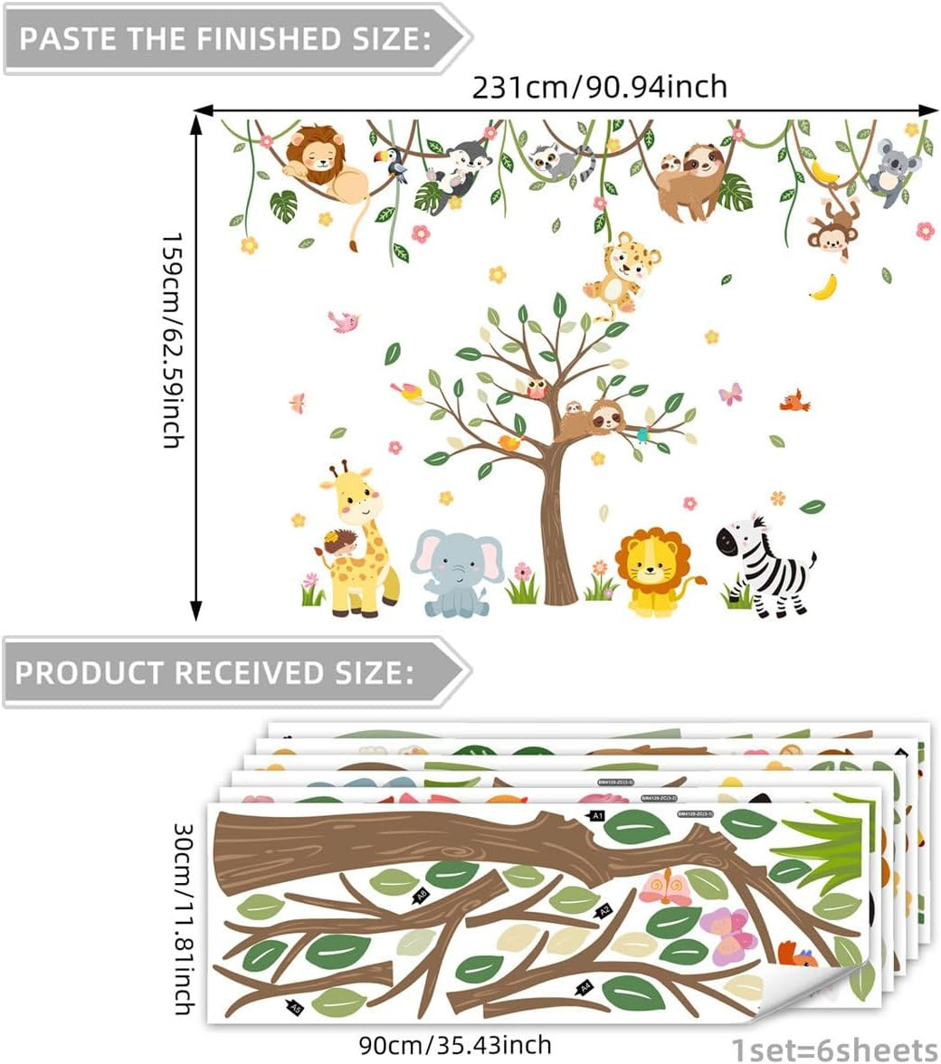 Large Jungle Animals Tree Wall Decals Safari Animals Climbing Trees Wall Sticker