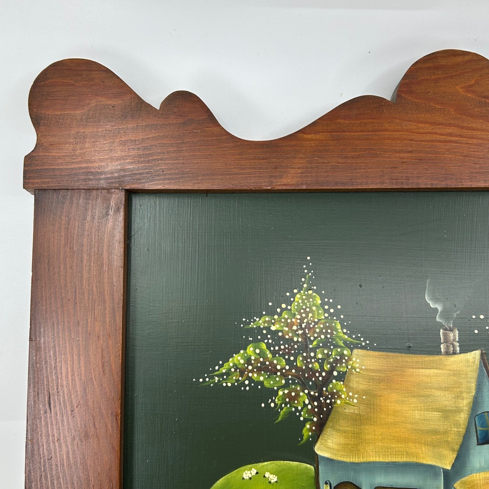 Vintage Hand-painted Farm House Landscape Cottagecore Ornate Wooden Wall Art