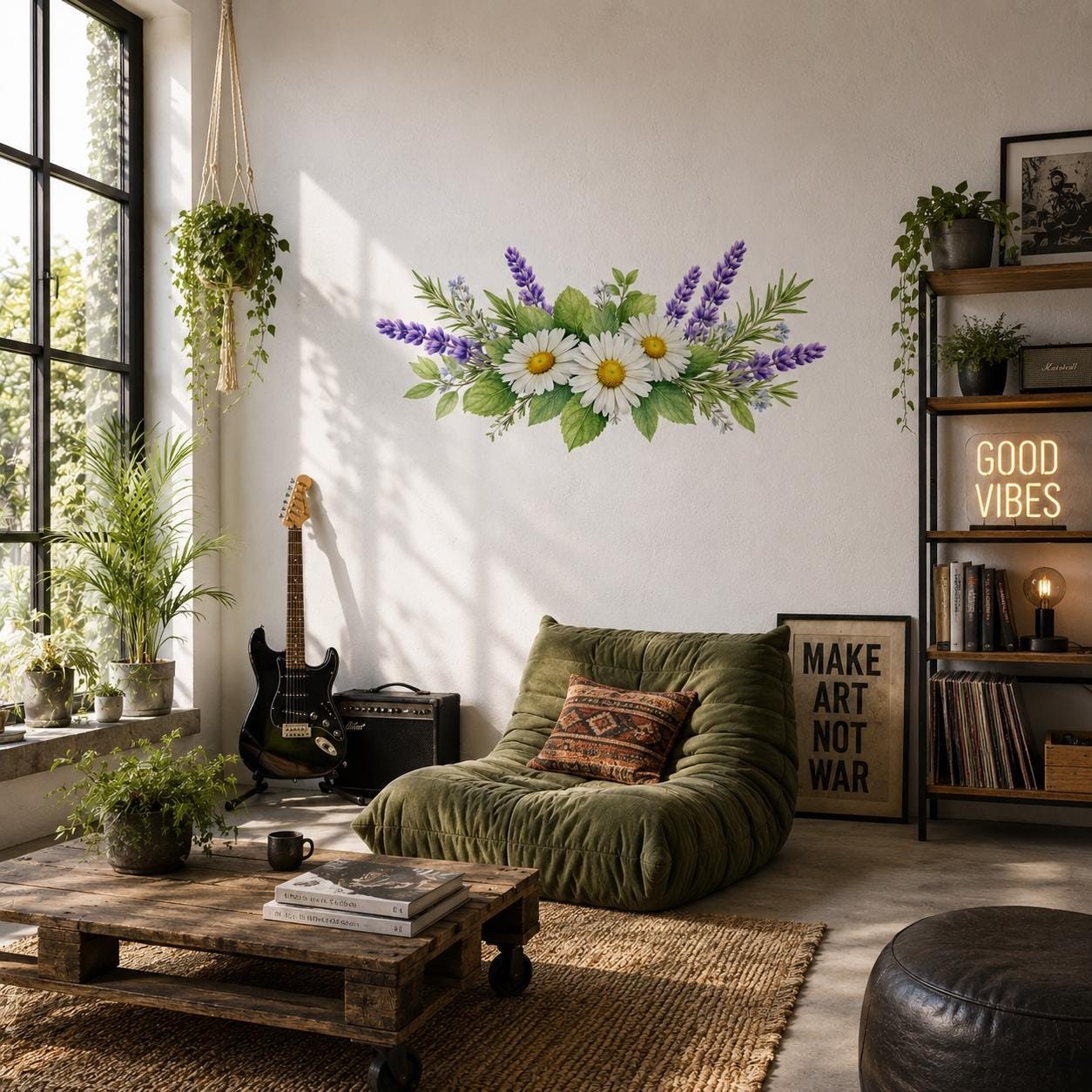 Daisy Lavender Wall Vinyl Decal | Watercolor Floral Bouquet Sticker