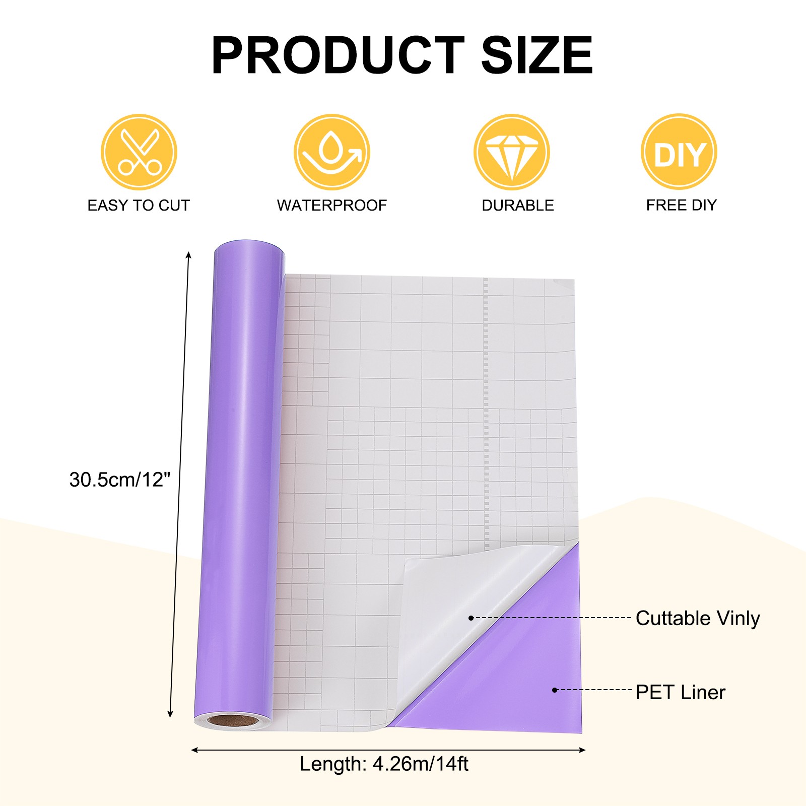 Purple Permanent Vinyl, 12 Inch x 14ft Adhesive Vinyl Roll