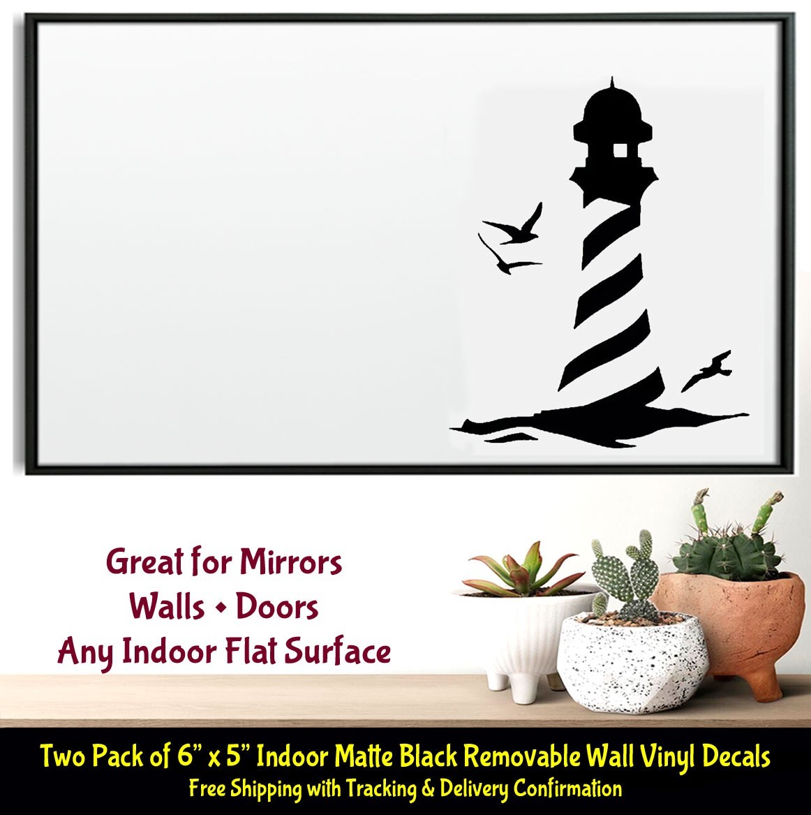 Lighthouse with Birds – Two 6" x 5" Indoor Matte Black Vinyl Decals Wall Door