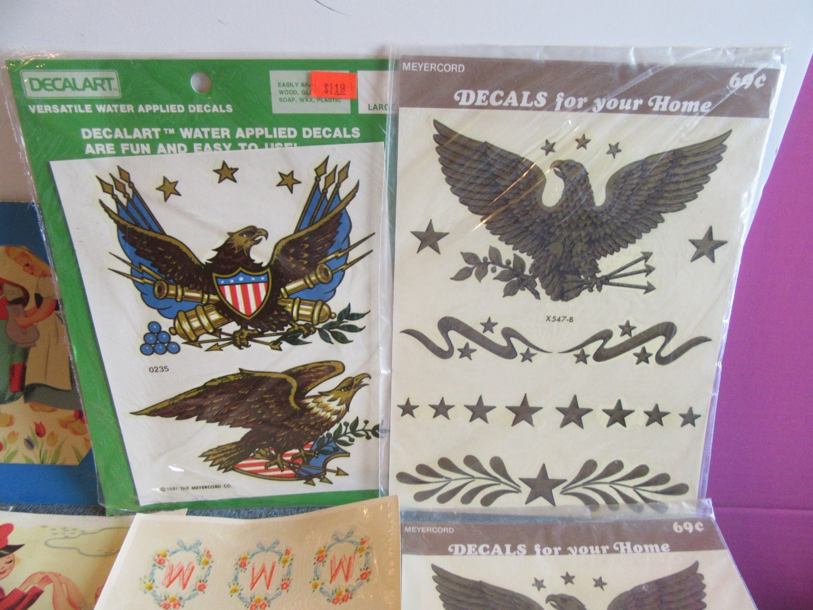 15 Meyercord decal transfer art eagle dutch boy girl M raccoon NEW