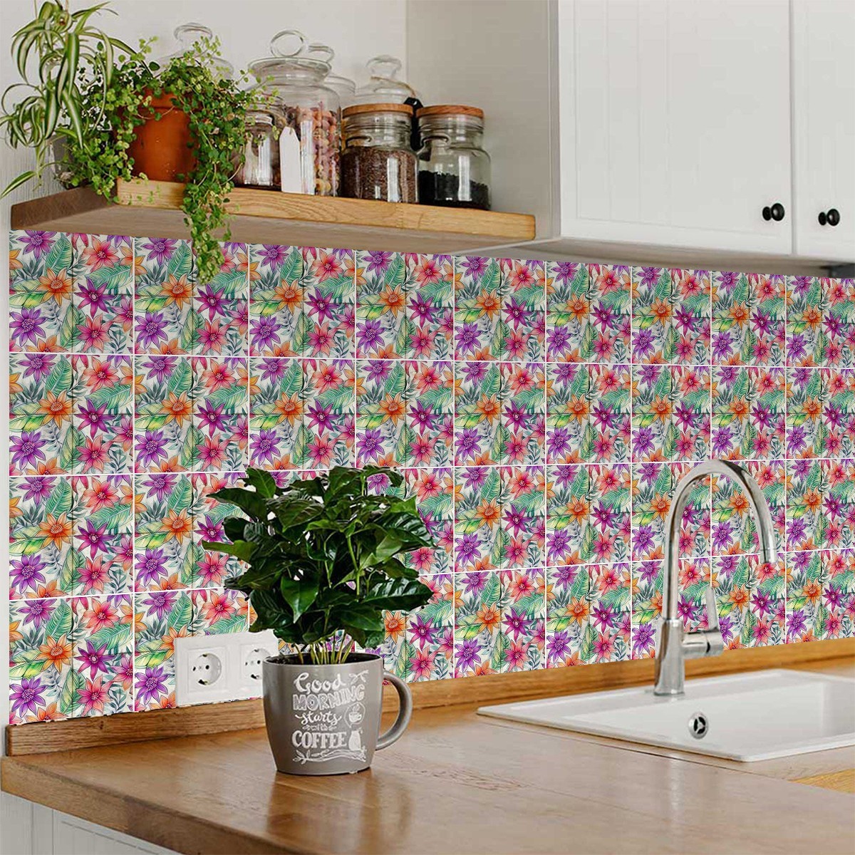 Peel Snd Stick Tile Stickers 24 Unit Pack Multicolor Floral