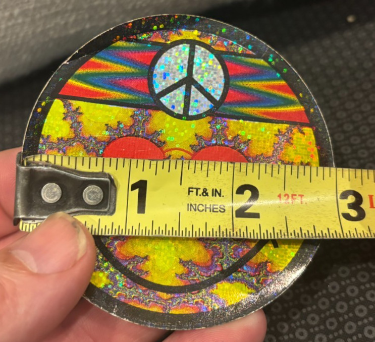 VTG! Smiley Face Hippie W/ Peace Sign Headband Sticker ~Yellow Prism Glitter 3"