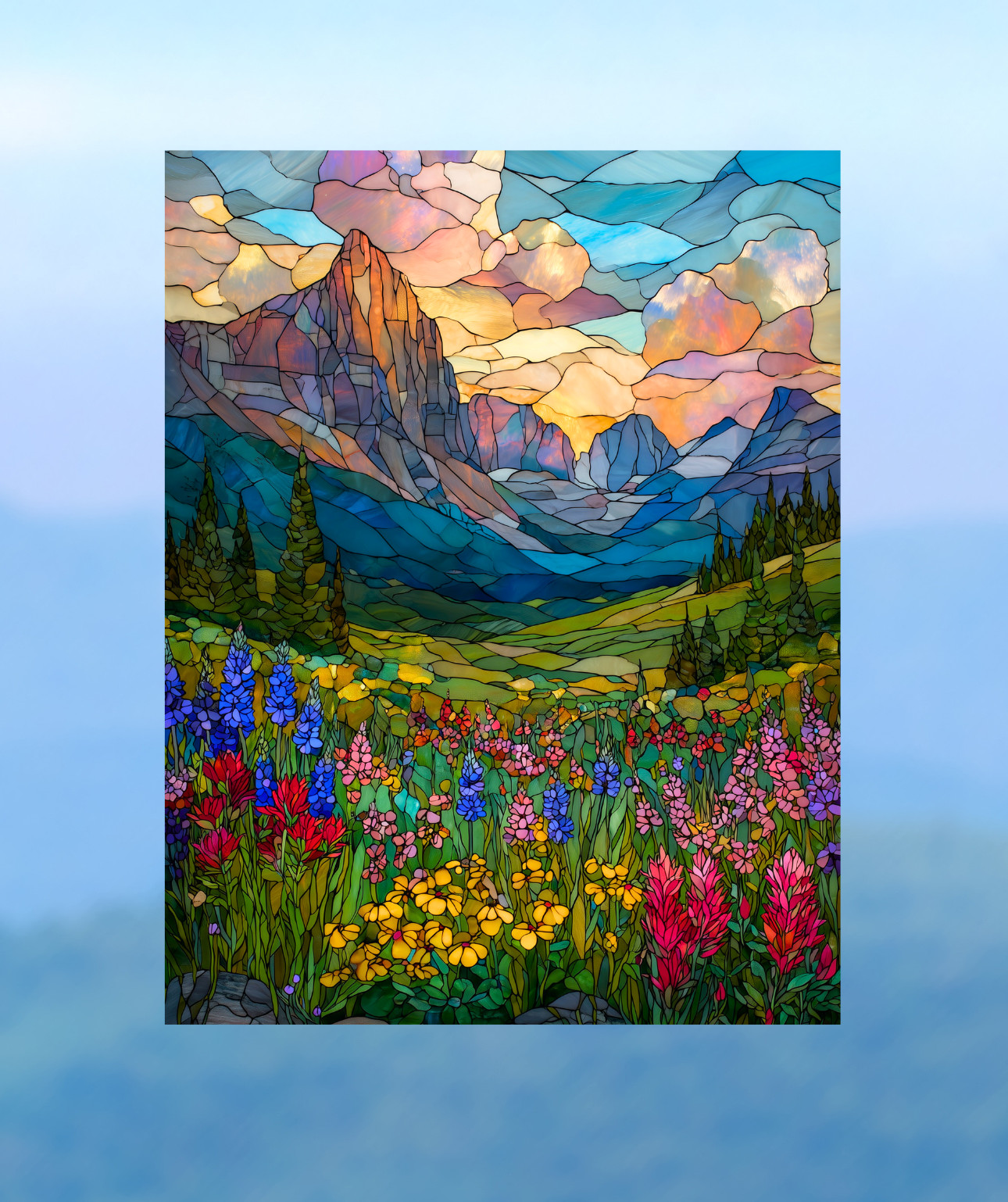 Wildflower Meadow Faux Stained-Glass WINDOW CLING Size 10.3" Vinyl