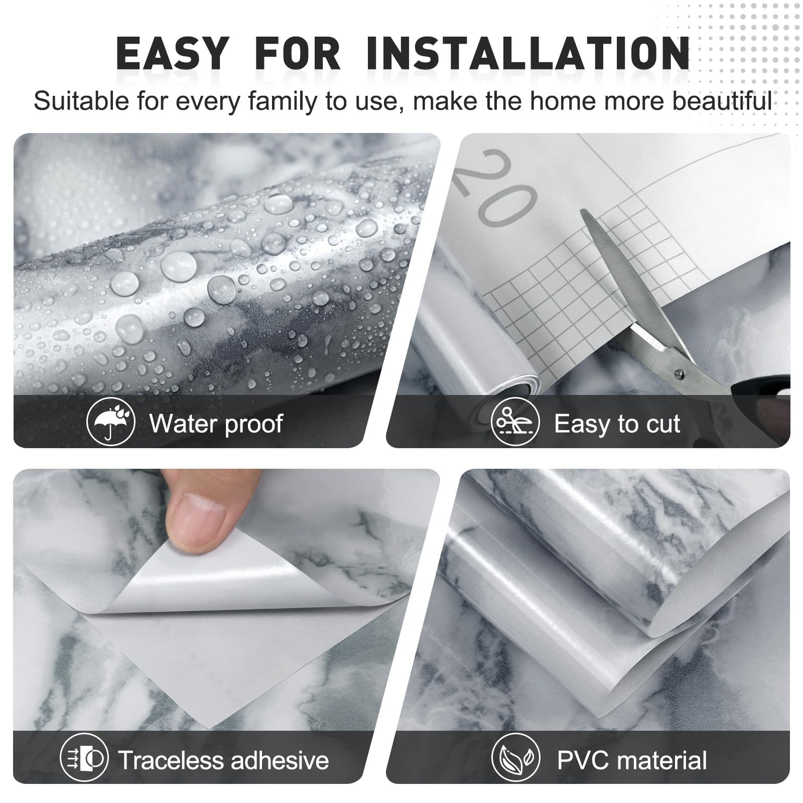 White and Gray Marble Contact Paper Glossy Peel and Stick Wallpaper Counterto…