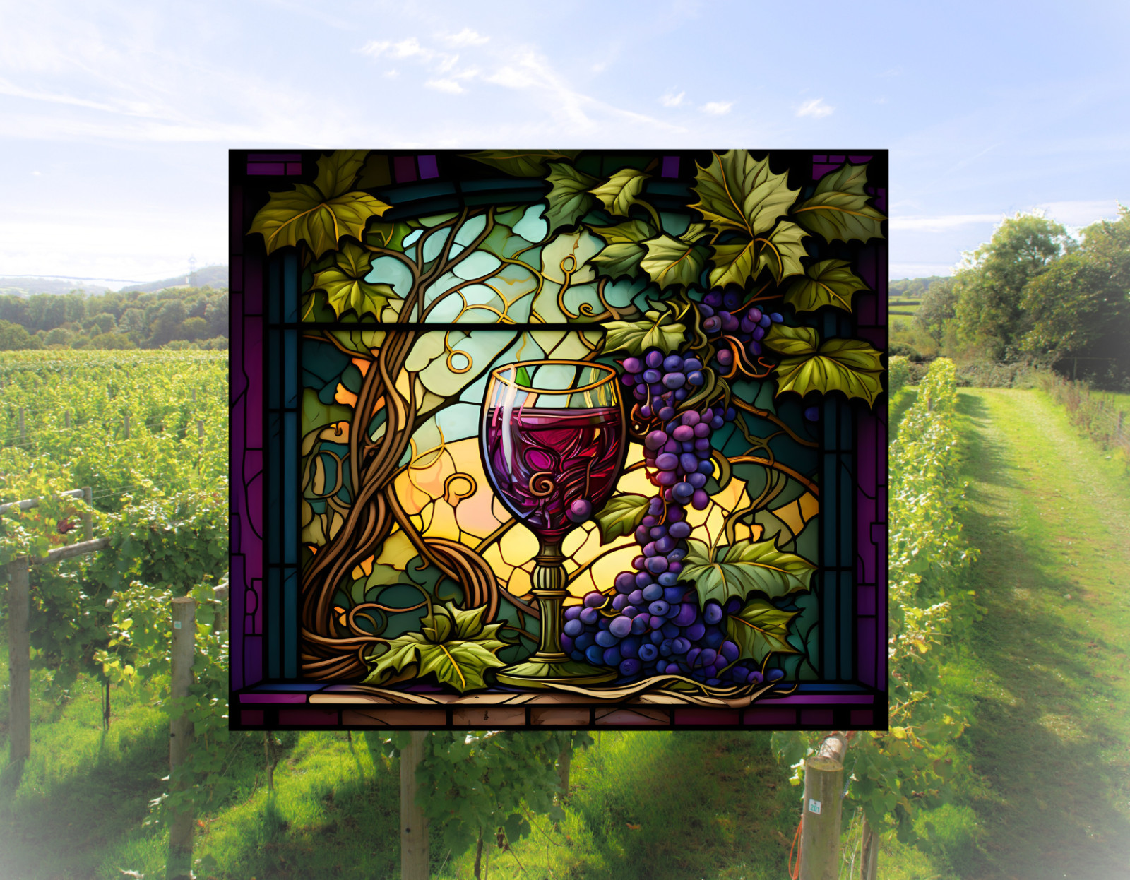 Wine, Grapes 7 Vines Faux Stained-Glass WINDOW CLING Sun-catcher Size 9.1" Vinyl