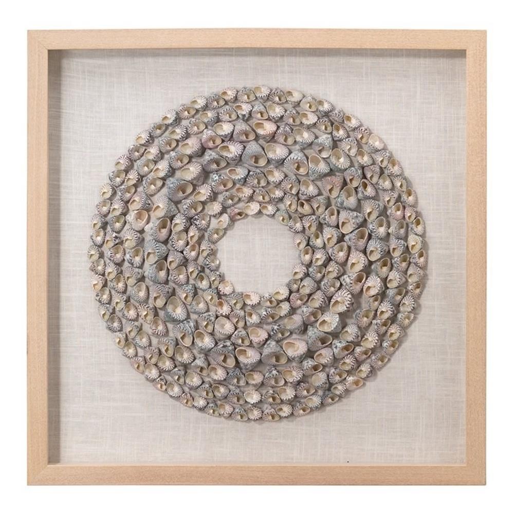 Maklaine Contemporary Shell Circular Pine Wood Framed Wall Art in White