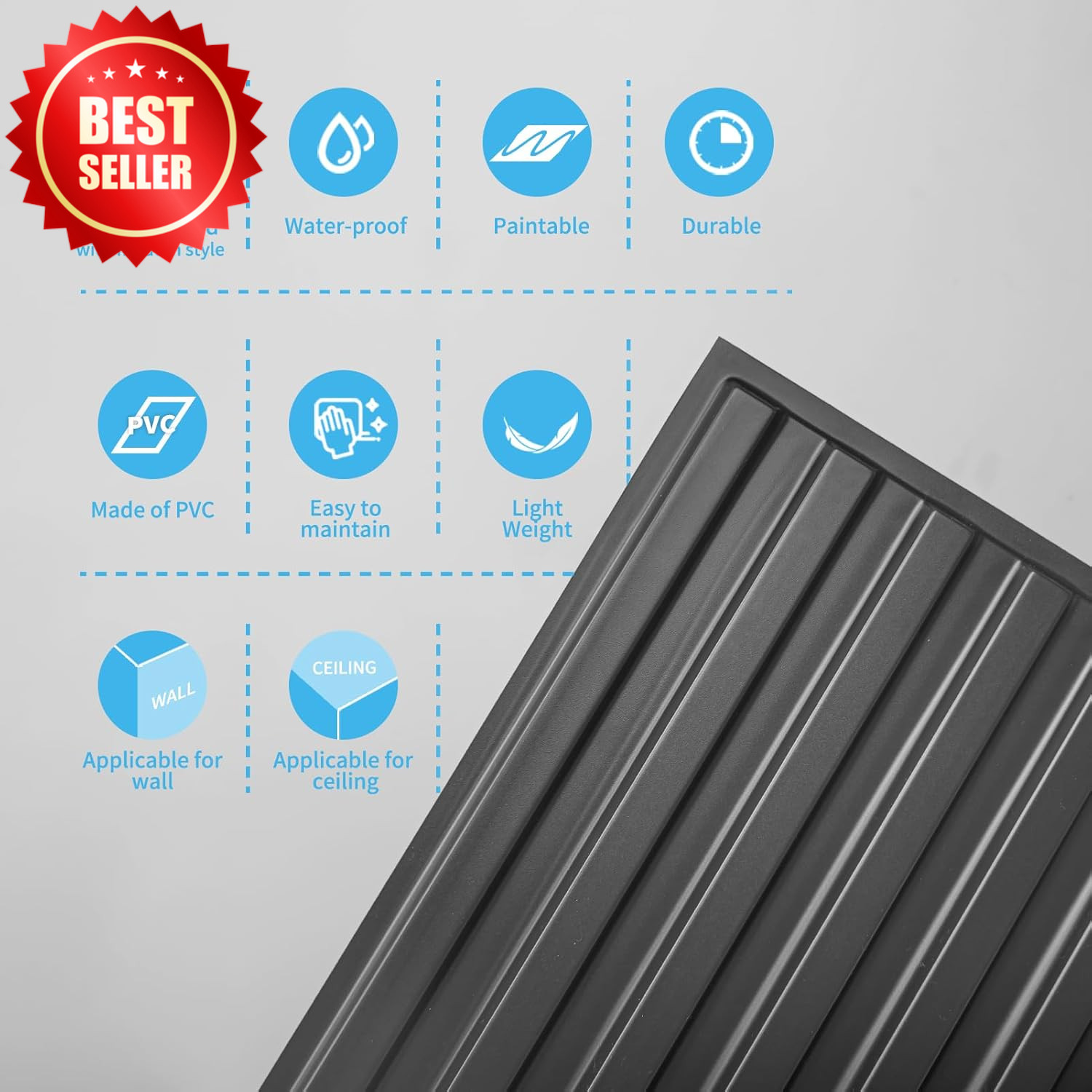 6 Pack Slat Design 3D Wall Panel 2×4 FT PVC Decorative Ceiling Tile Black US