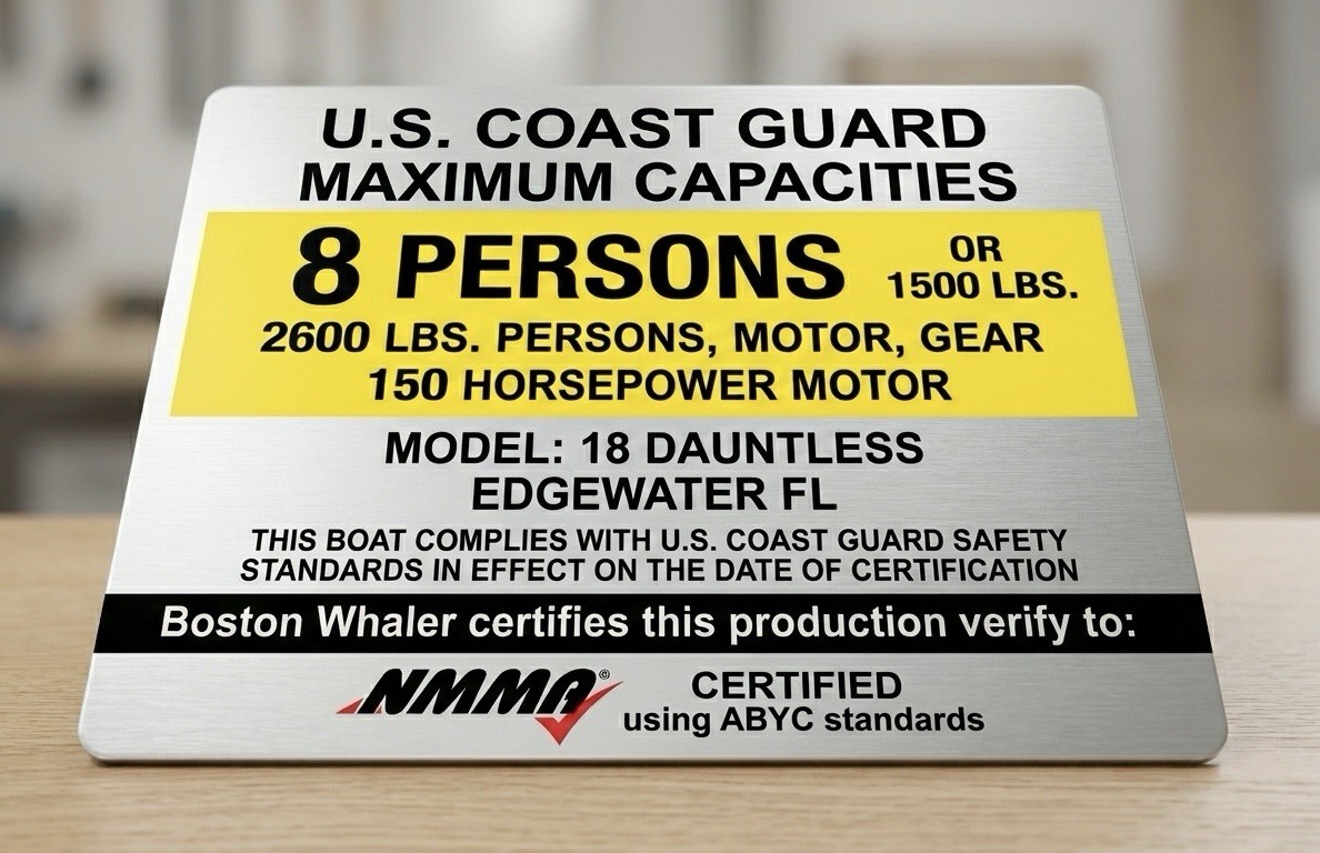 Boston Whaler 18 Dauntless Boat Capacity Plate Decal USCG Replacement Sticker
