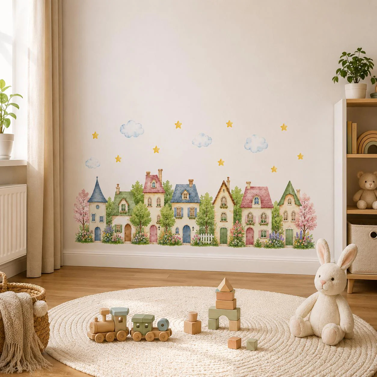 Watercolor Village Houses Wall Vinyl Decal | Cute Cottage Town Sticker