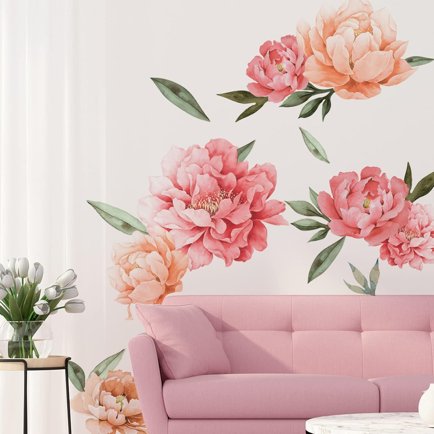Peony Flowers Wall Decals, Watercolor Elegant Peonies Rose Floral Wall