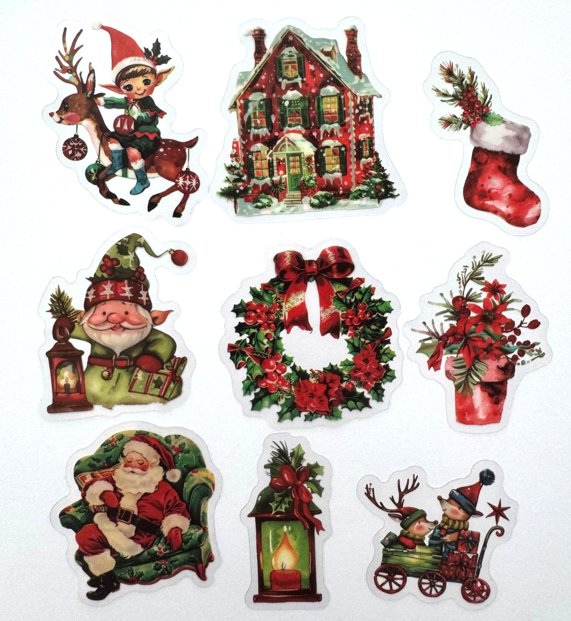 Retro Christmas Stickers Transparent Vinyl Holiday Santa Elf 7pcs Random Mix