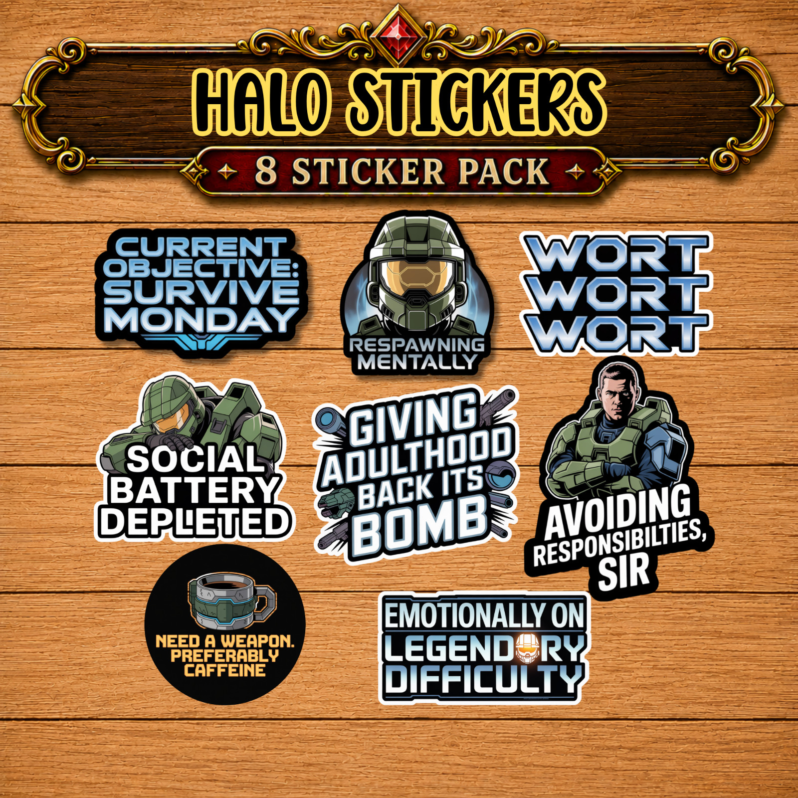 Halo Stickers Pack of 8 Water-Resistant Vinyl Decals