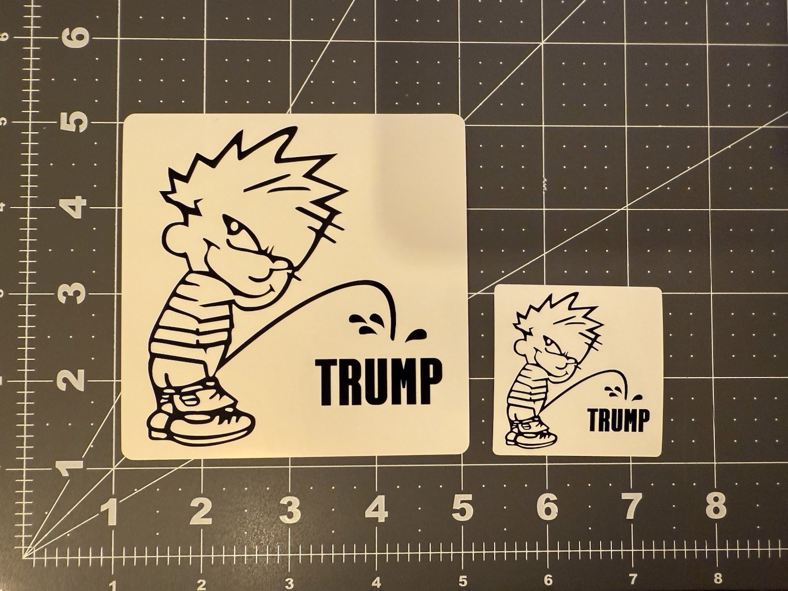 Calvin & Hobbs Stickers Pee’ing On Trump, 4” 2 Sticker Lot