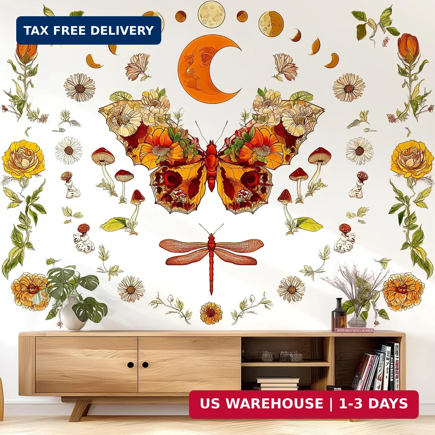 Boho Flowers Butterfly Wall Decals Peel and Stick, Sun and Moon Vinyl Wall Decor