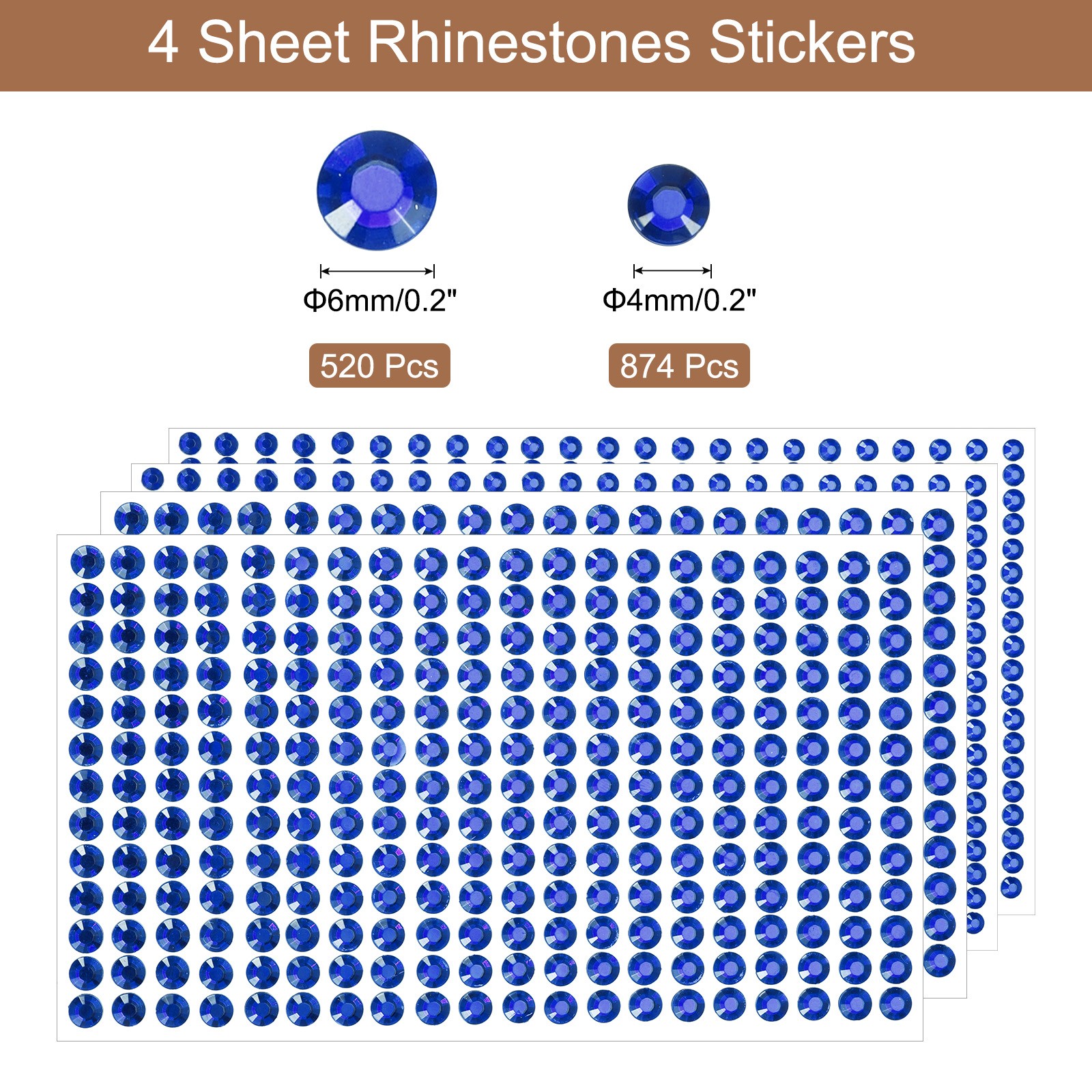 1394Pcs 4mm/6mm Self-Adhesive Rhinestone Stickers for Craft 4 Sheet Deep Blue