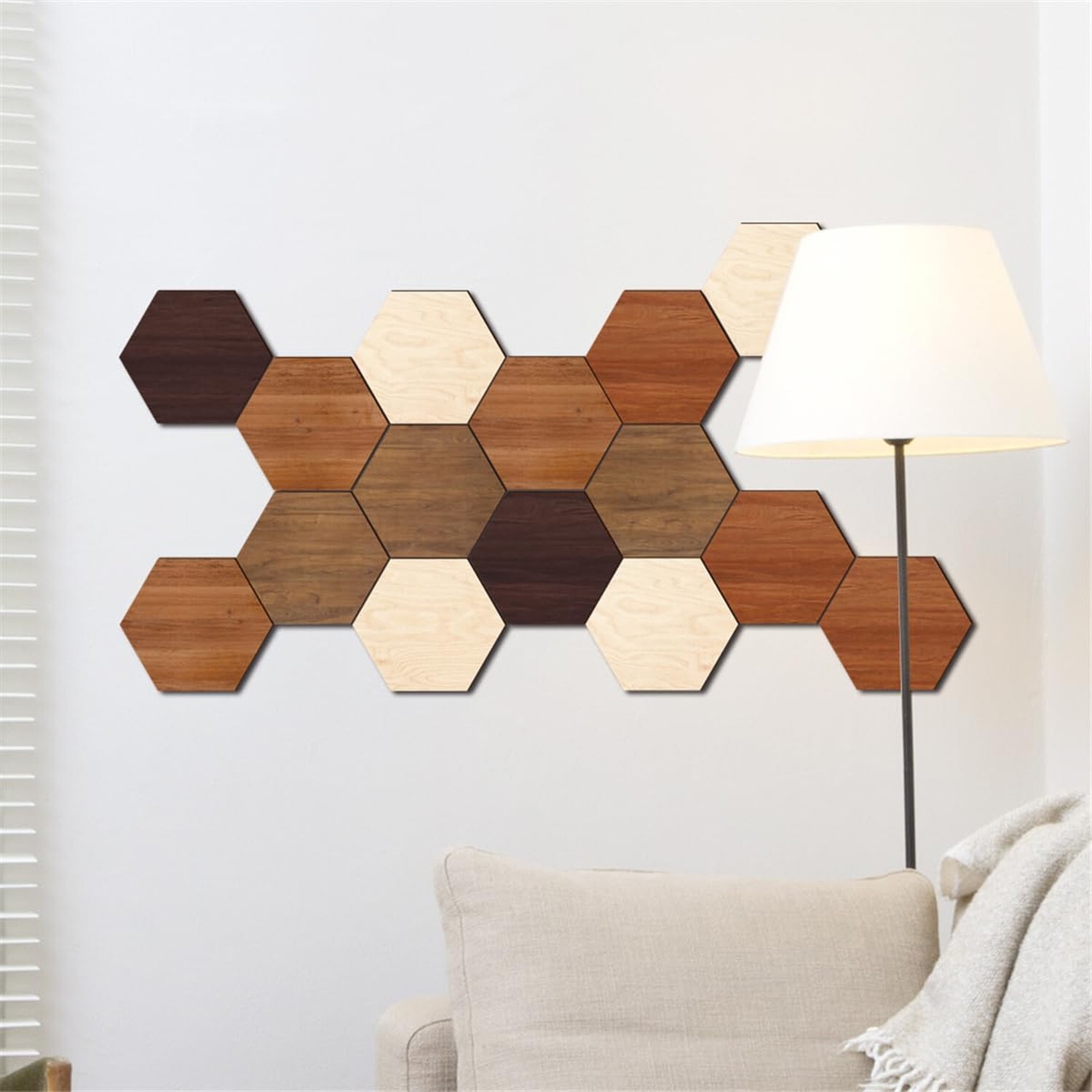 Wooden Hexagon Wall Stickers, 15 PCS Multi Color Wood Wall Art Decals, 3D Hex…