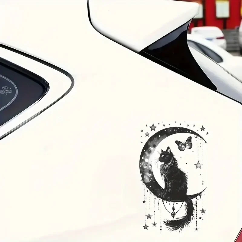Black Cat Crescent Moon Stars 7 Inch Vinyl Decal Sticker Celestial Cat