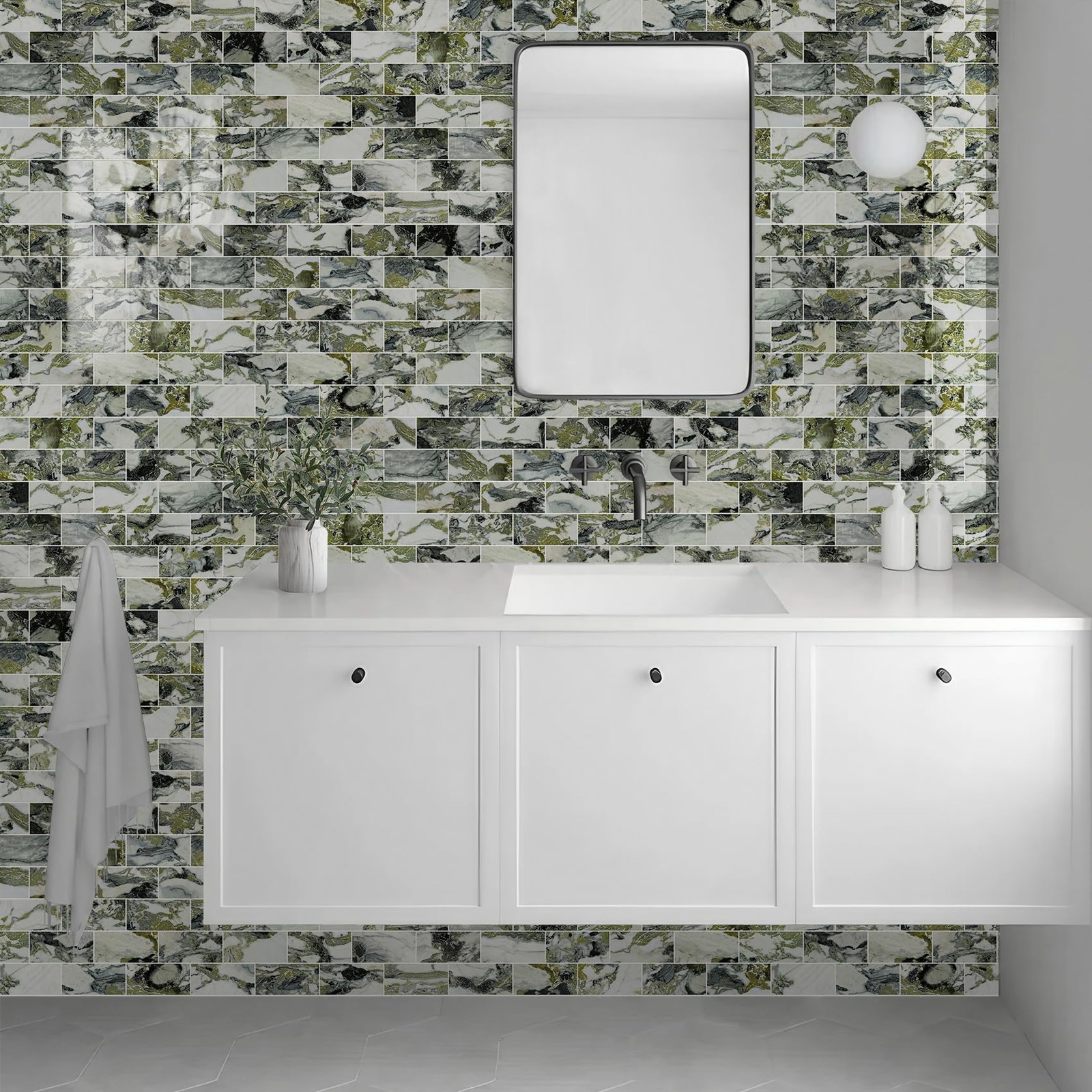 100-Piece Glossy Ice Green Peel and Stick Backsplash Tile,3"x6" PVC Subway …