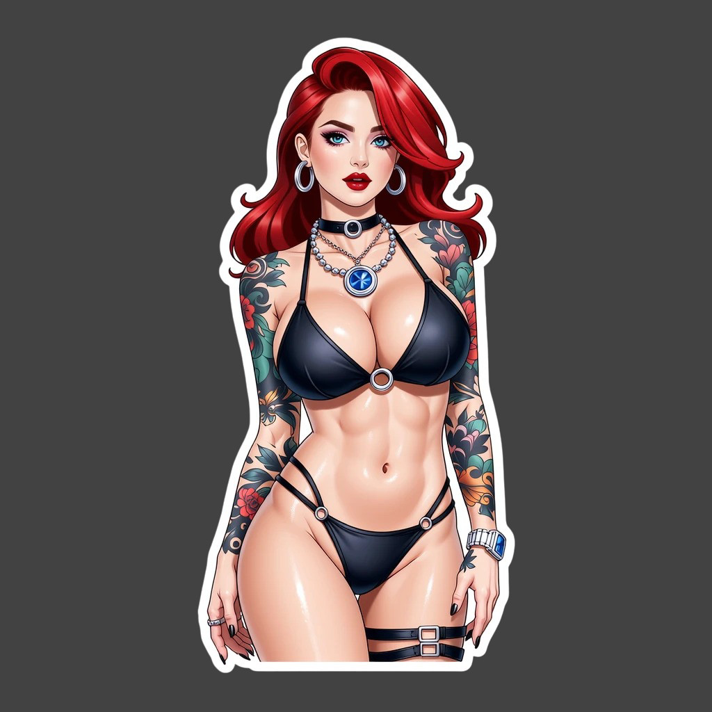 Tattoo Pinup Girl Sticker Vinyl Decal Redhead Black Bikini Alternative Goth