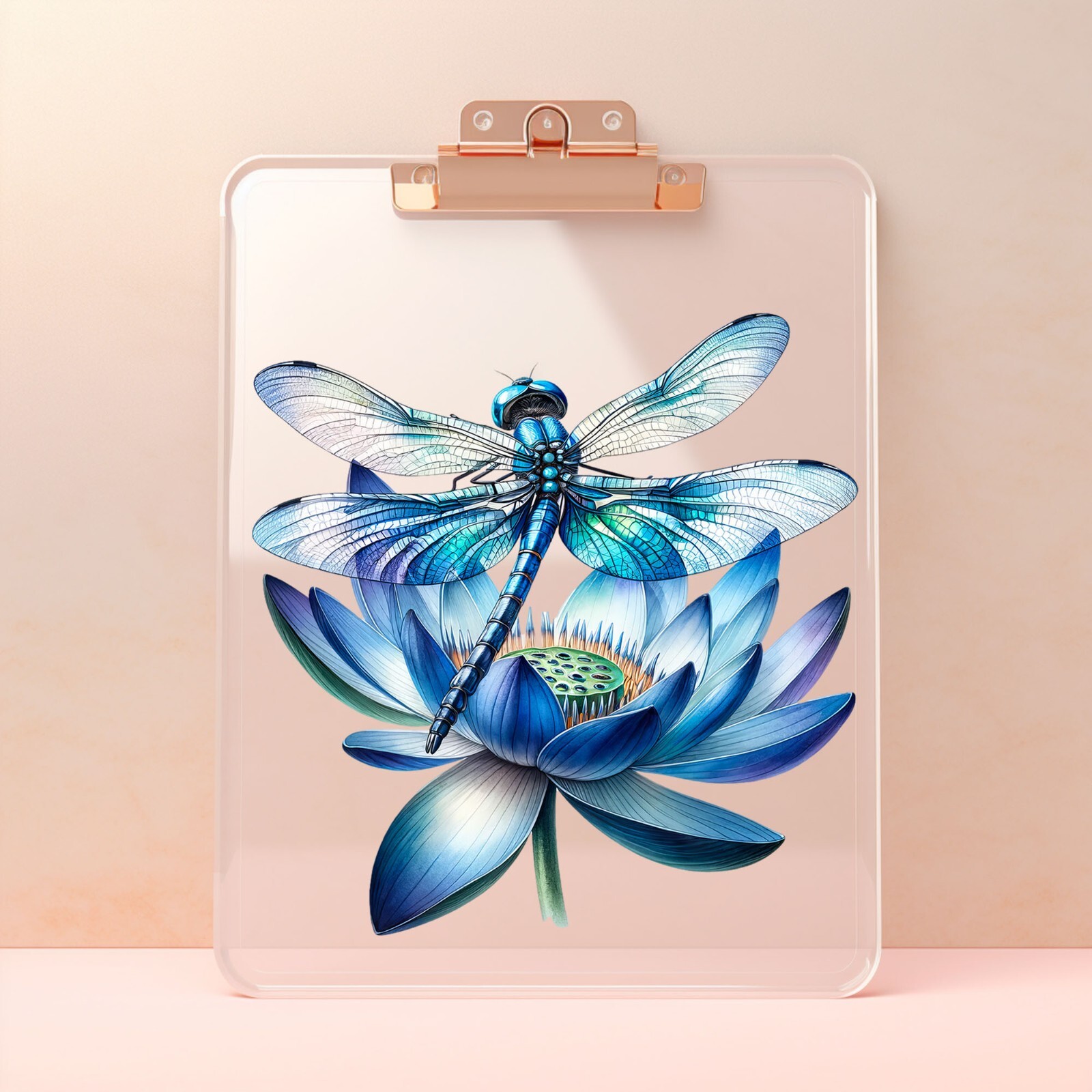 Blue Lotus and Dragonfly UV DTF Transparent Sticker / Decal