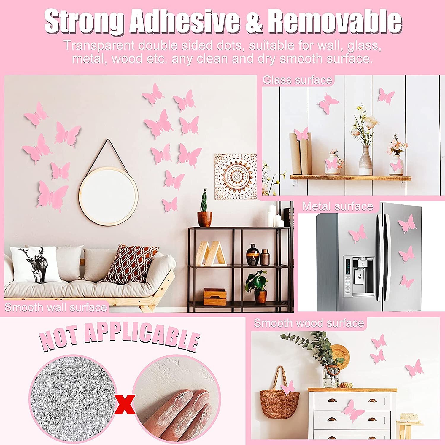 48pcs 3D Butterfly Wall Decor Pink Polished Butterflies Wall Stickers 3 Sizes