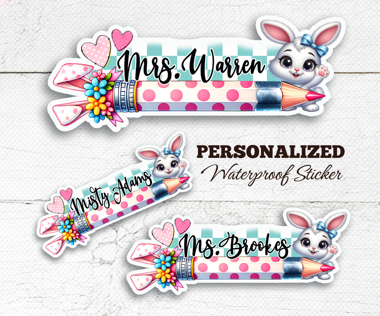 Personalized Teacher Name Sticker, Easter Bunny Pencil, Waterproof Vinyl Gift