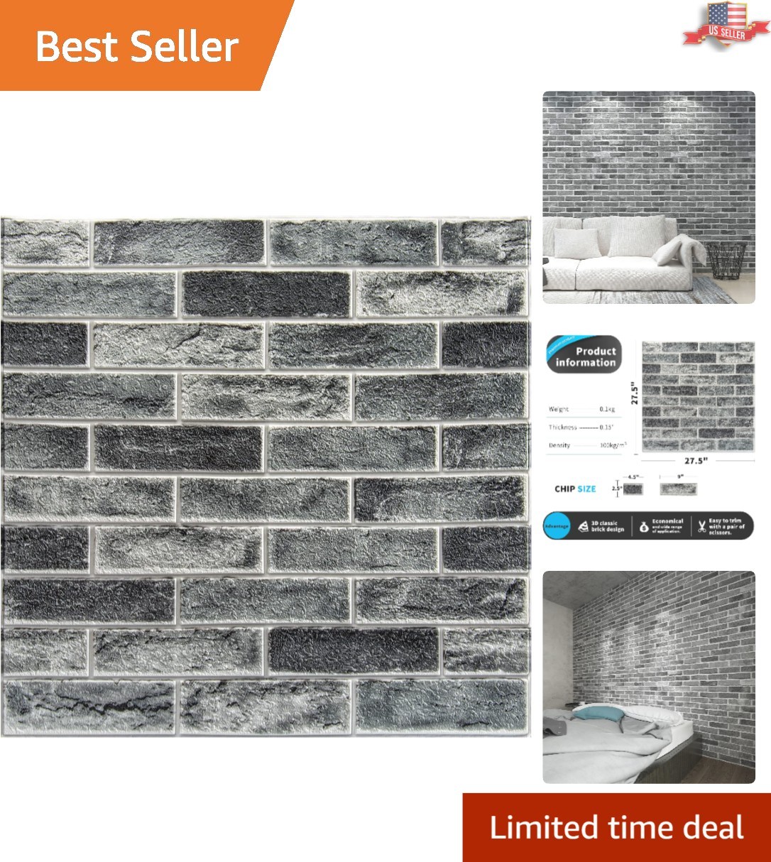 10-Piece Faux Brick Acoustic Wall Panels, Peel and Stick – 52.5 Sq.Ft Stone Ash