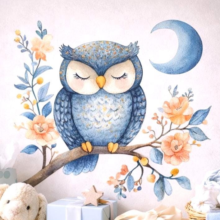 Sleeping Owl Wall Decal | Watercolor Nursery Art