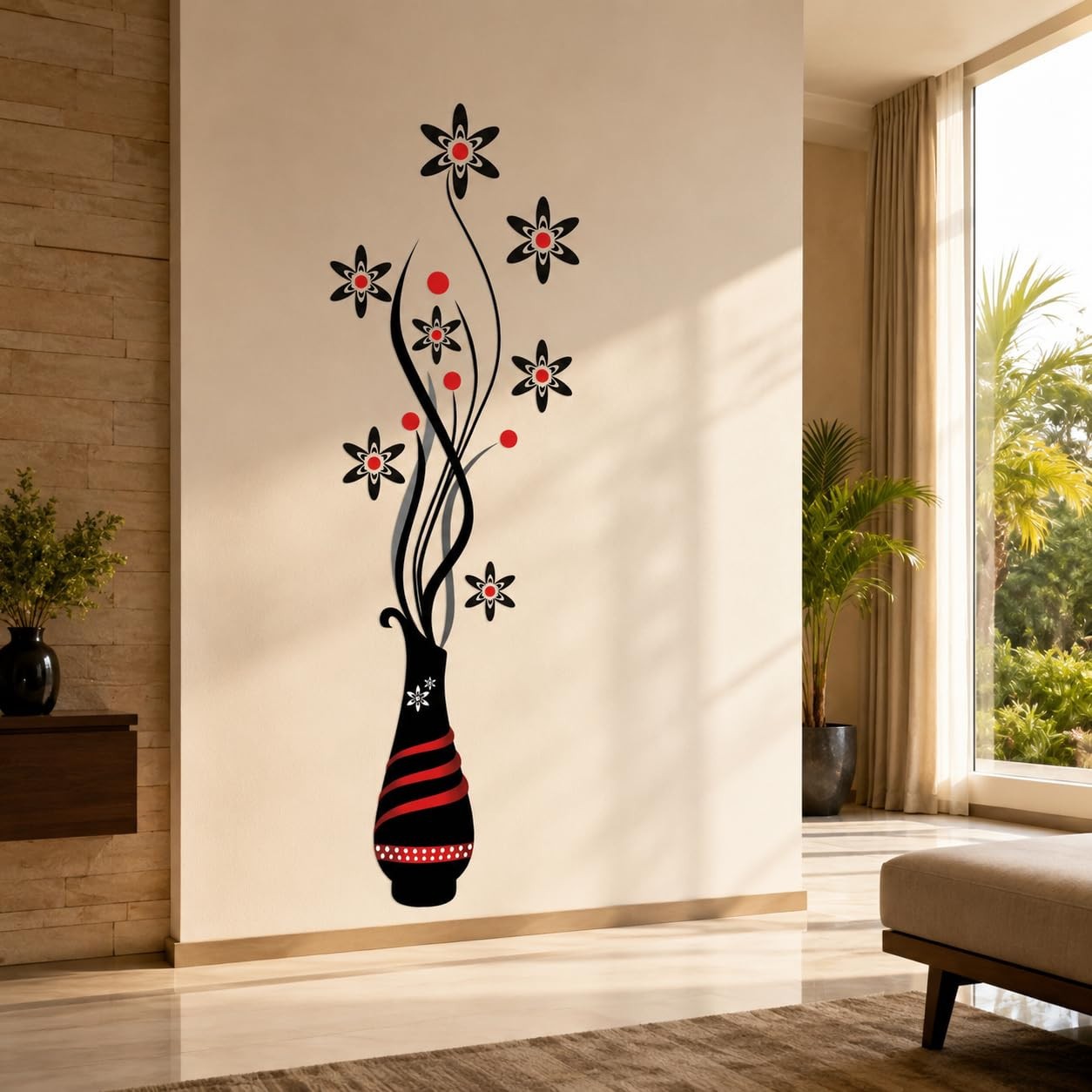 Flower Vase Wall Sticker Large Floral Wall Decal Black Red Peel Stick Home Decor