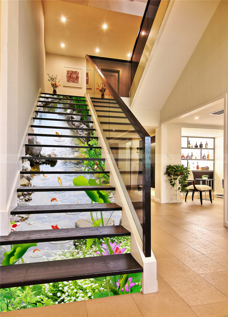 3D Lotus Goldfish AZ375 Stair Risers Decoration Mural Vinyl Wallpaper Kay