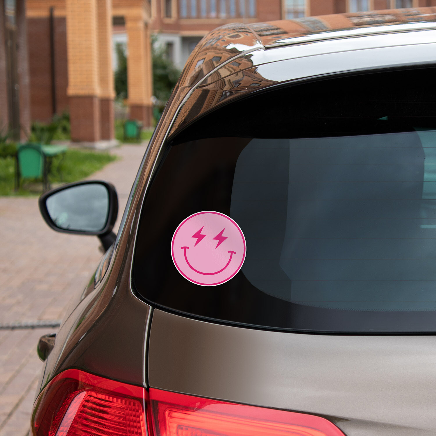 Pink Lightning Bolt Smiley Face Car Bumper Vinyl Sticker Decal