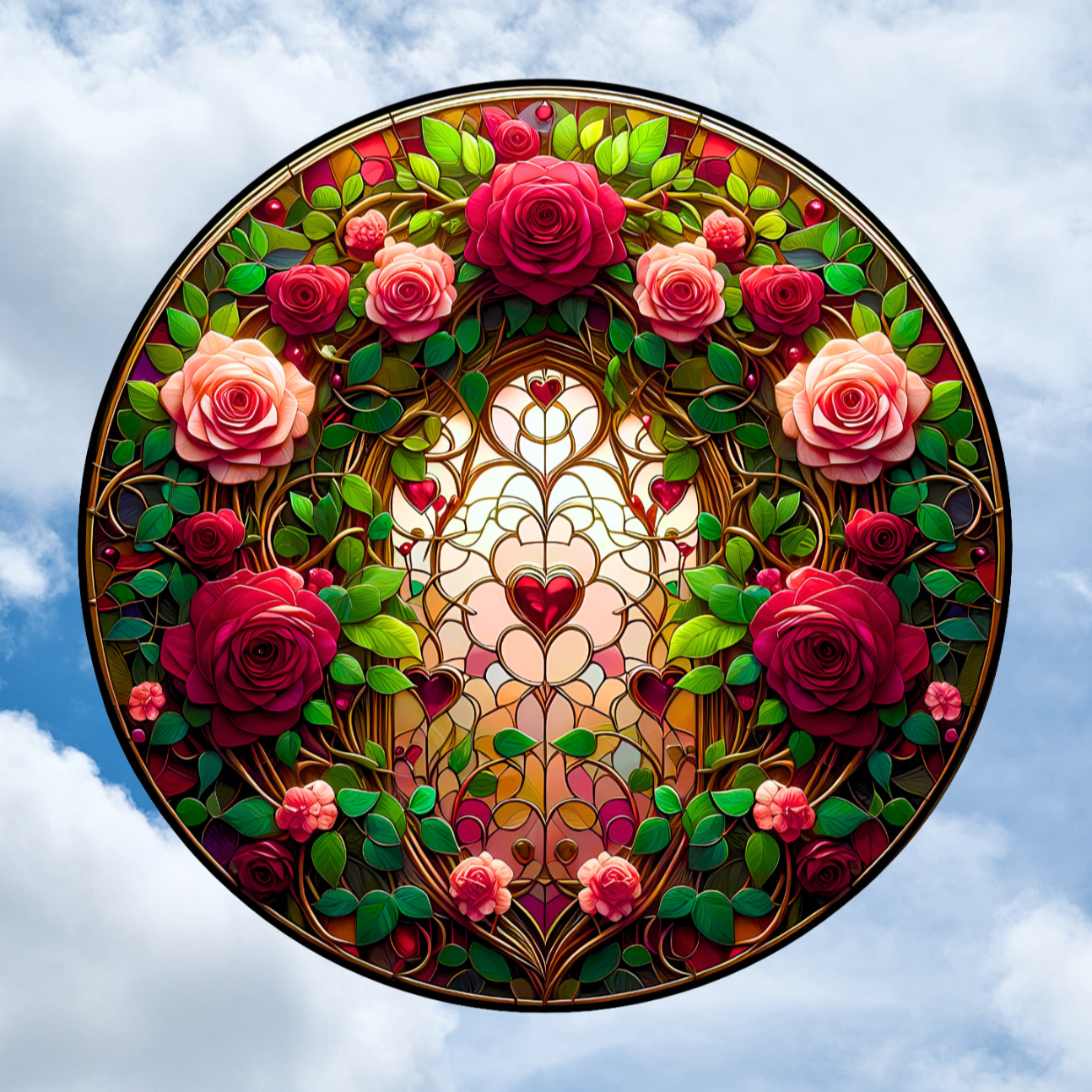 Roses & Heart Faux Stained-Glass WINDOW CLING Suncatcher Size 8" Round