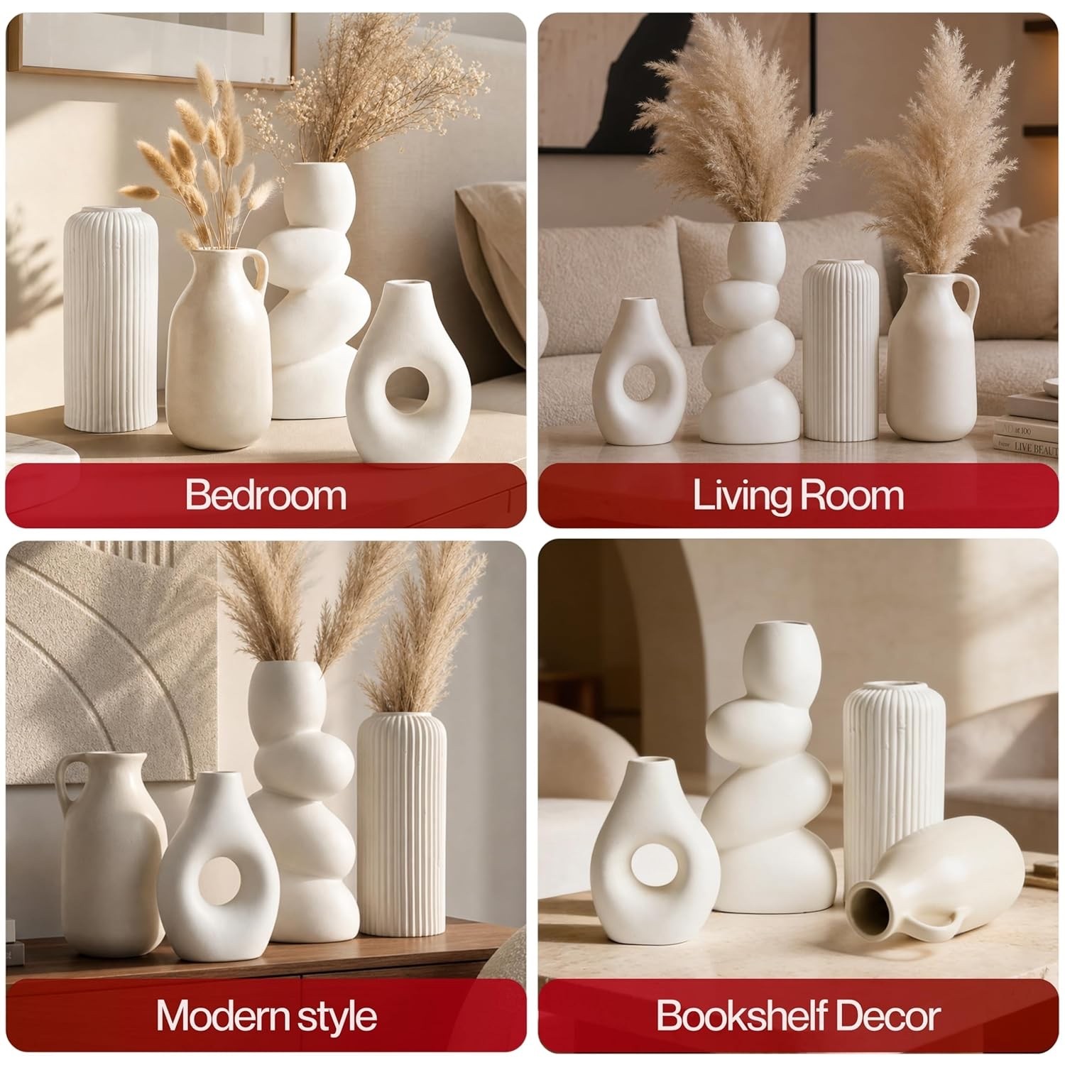 Set of 4 Ceramic Vases for Home Decor | White & Beige Modern Minimalist Vase Set