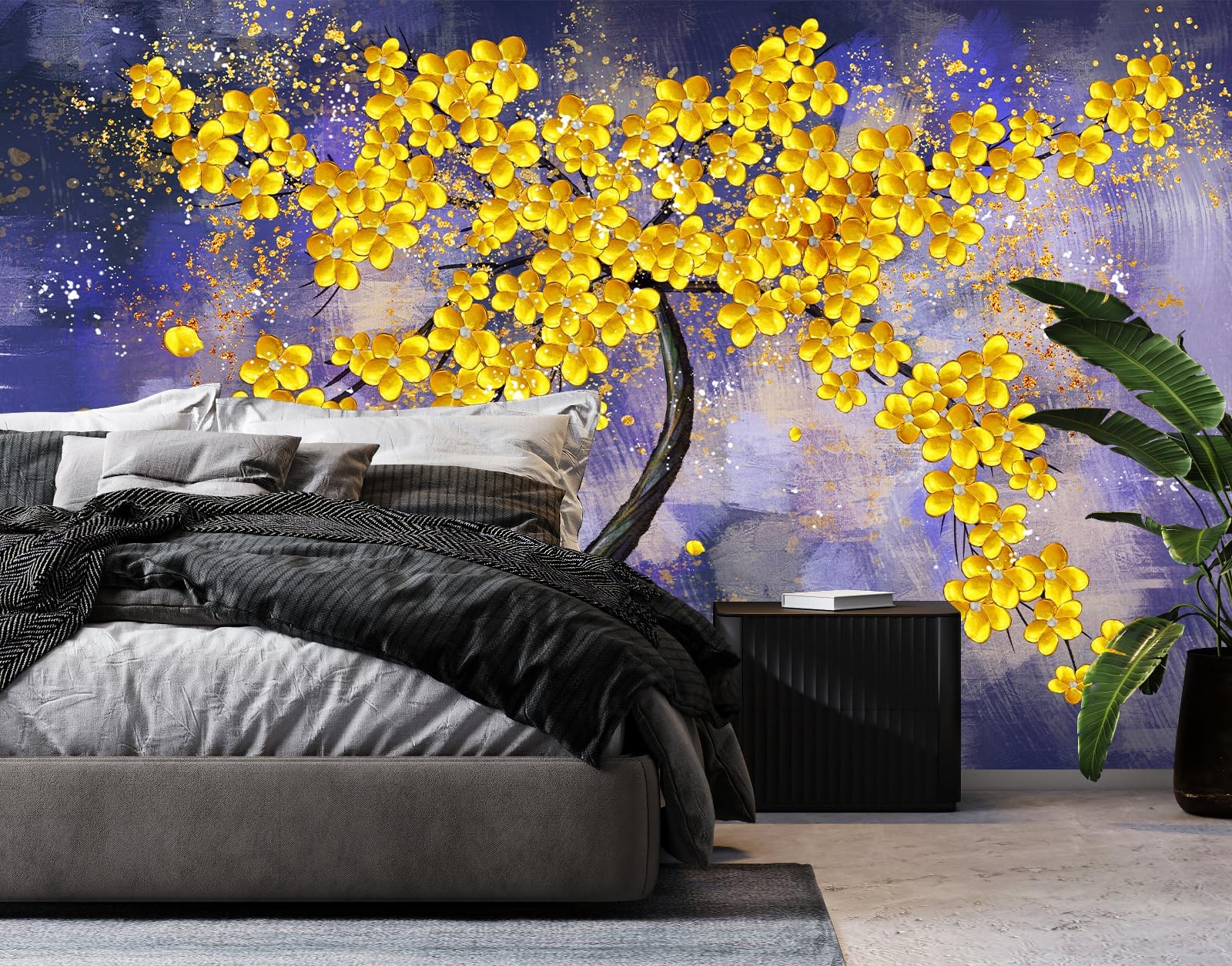 LOOWAP Yellow Flower Tree Wall Mural Purple Background Wall Decor for Bedroom
