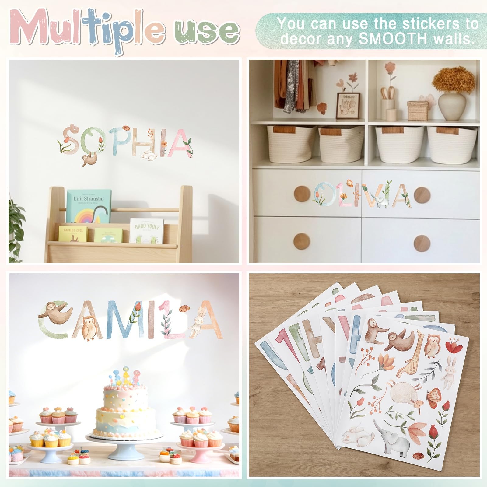 8 Sheets Watercolor Name Wall Decal Sticker Woodland Animal Vinyl Alphabet St…