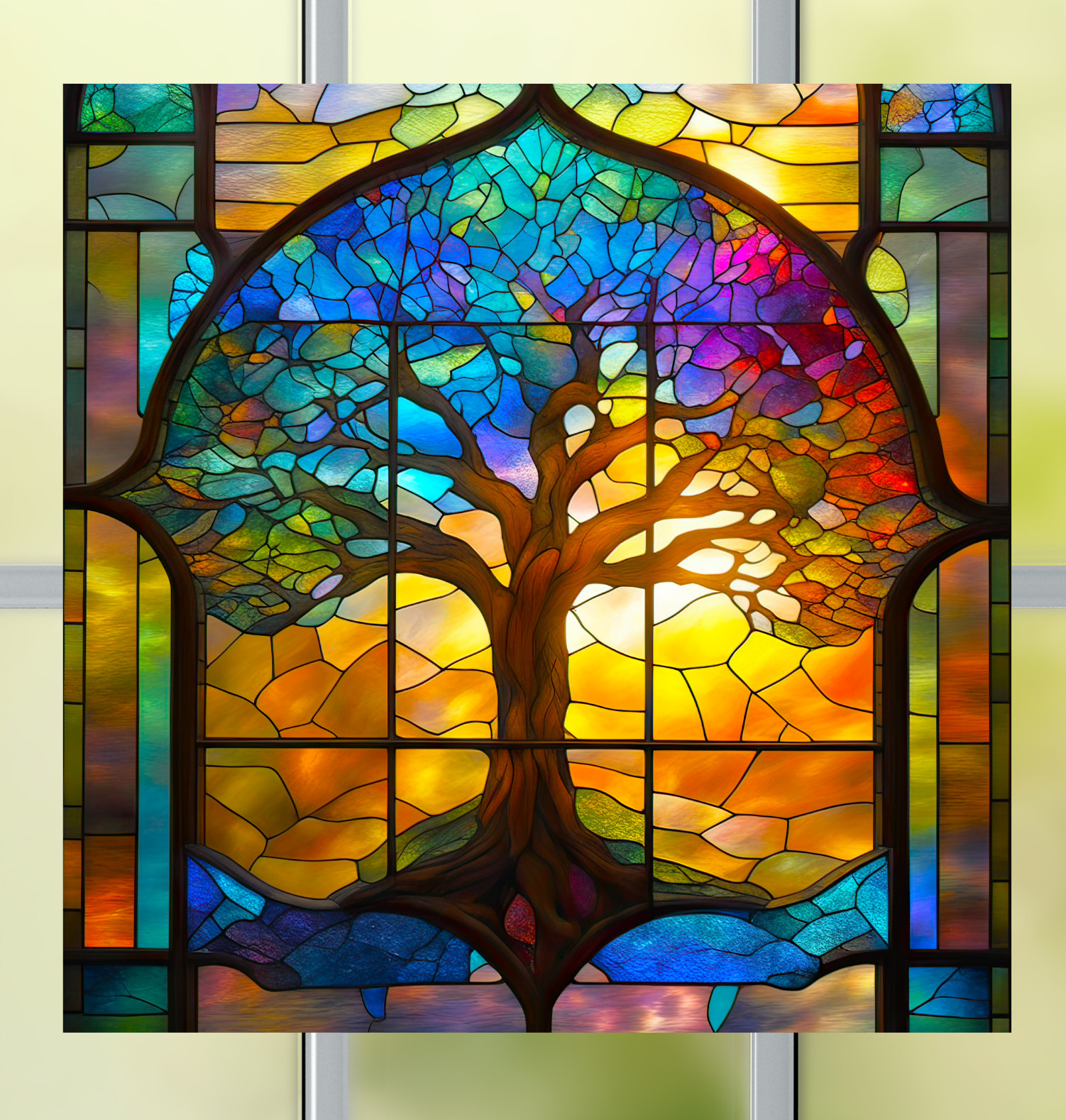 Umbrella Tree ~ Faux Stained-Glass WINDOW CLING Size 8" Square Vinyl
