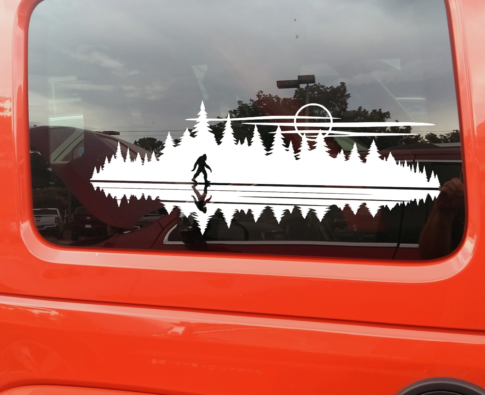 Lake Moon Bigfoot in Tree Line Forest Scene Vinyl Decal V7 | Sasquatch Camping |