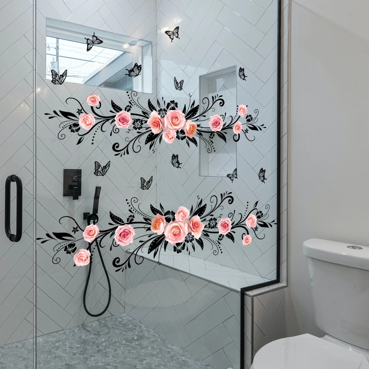 Pink Rose Black Butterfly Glass Clings Double-Sided Window Film Bathroom Decor