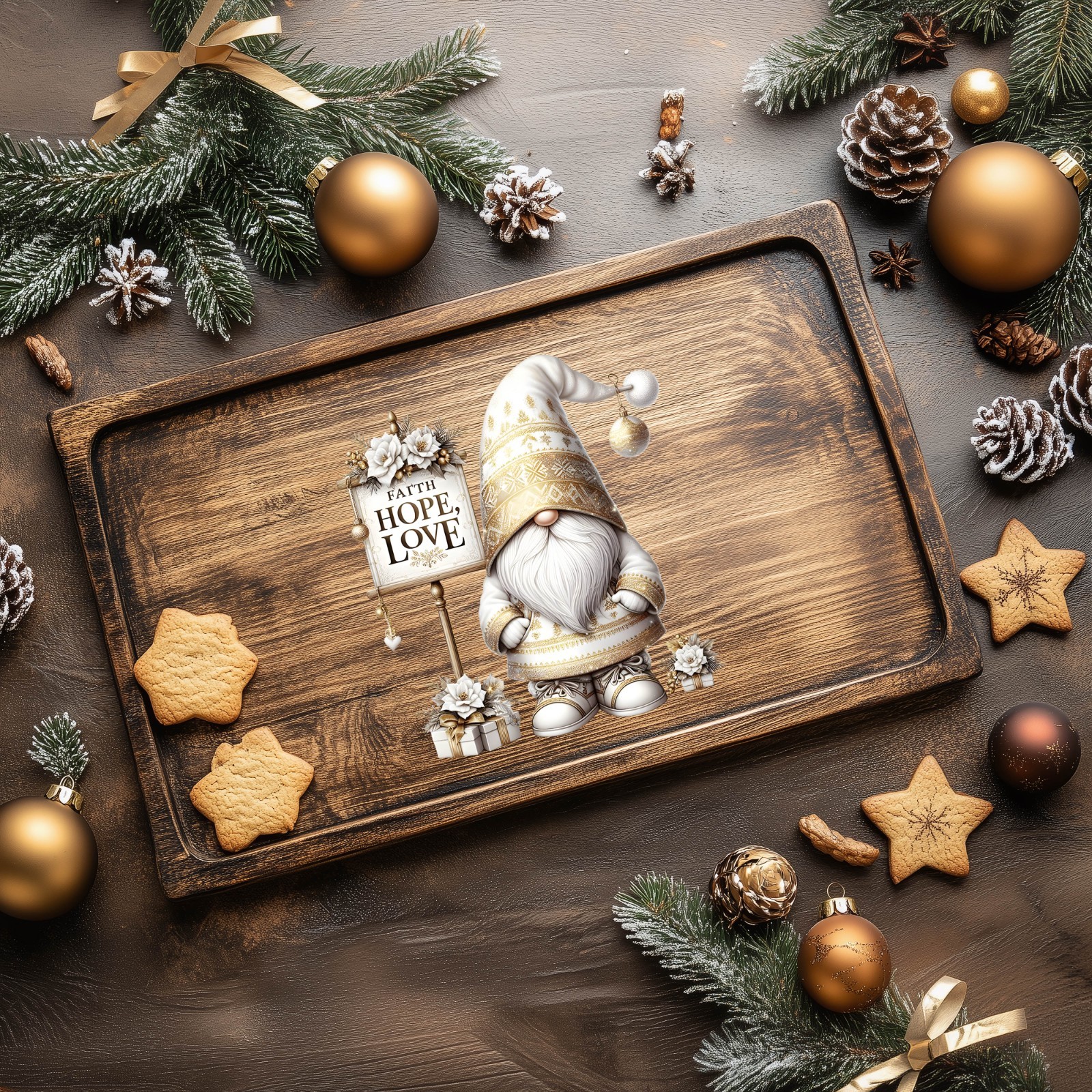 Gold White Hope Faith Love Christmas Gnome UV DTF Transparent Sticker / Decal